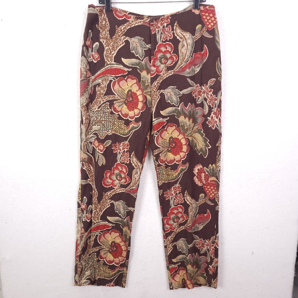 Lauren Ralph Lauren Pants Womens 14W Brown Floral Linen Tapestry Straight Leg